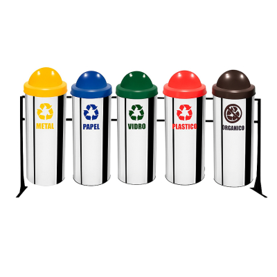 Conjunto 5 Lixeiras Aço Inox Coleta Seletiva